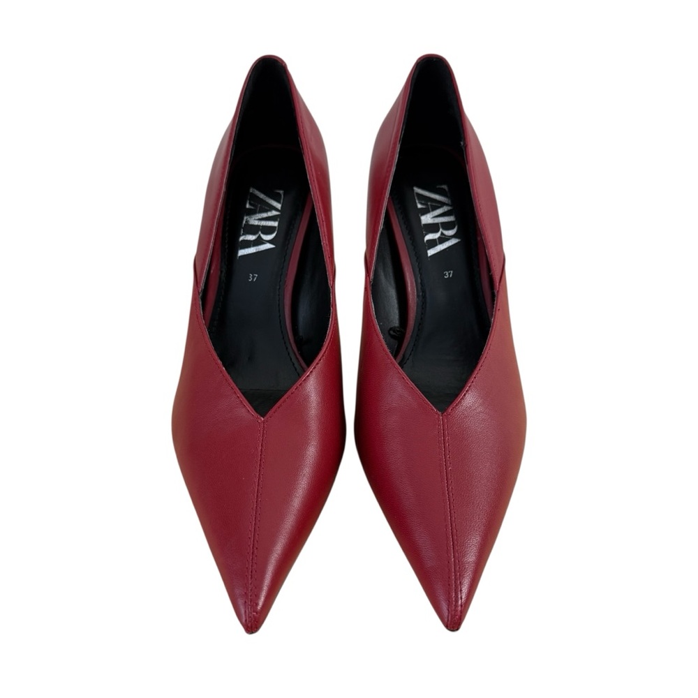 ZARA Red Pointed Toe Heels Pumps Leather Blogger Favorite Sz 37EU 6.5US - Picture 3 of 10